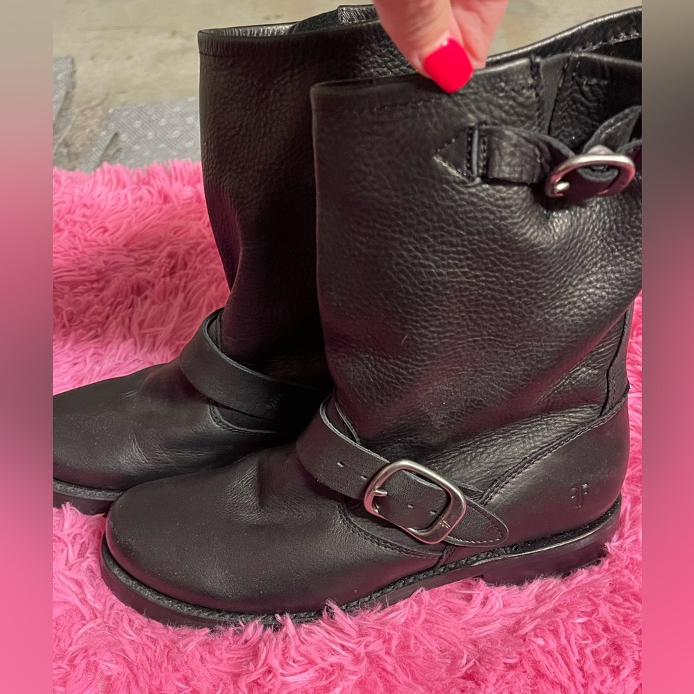 Frye Black Leather Moto Buckle Boots